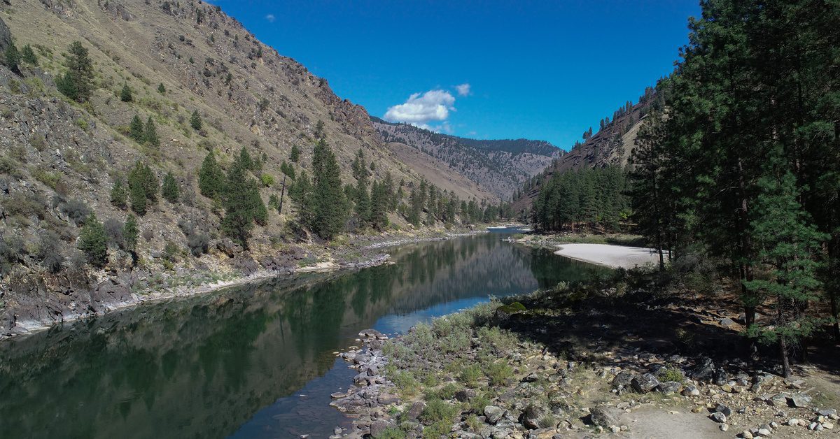A landscape view of Salmon River Canyon in between a mountain range. The sky is blue and it's sunny.
